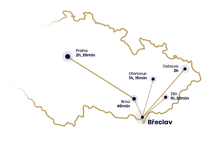 Díky skvělé lokalitě jste u nás za 5 minut z dálnice! Hlavní památky a místa Lednicko-valtického areálu do 17 minut autem.